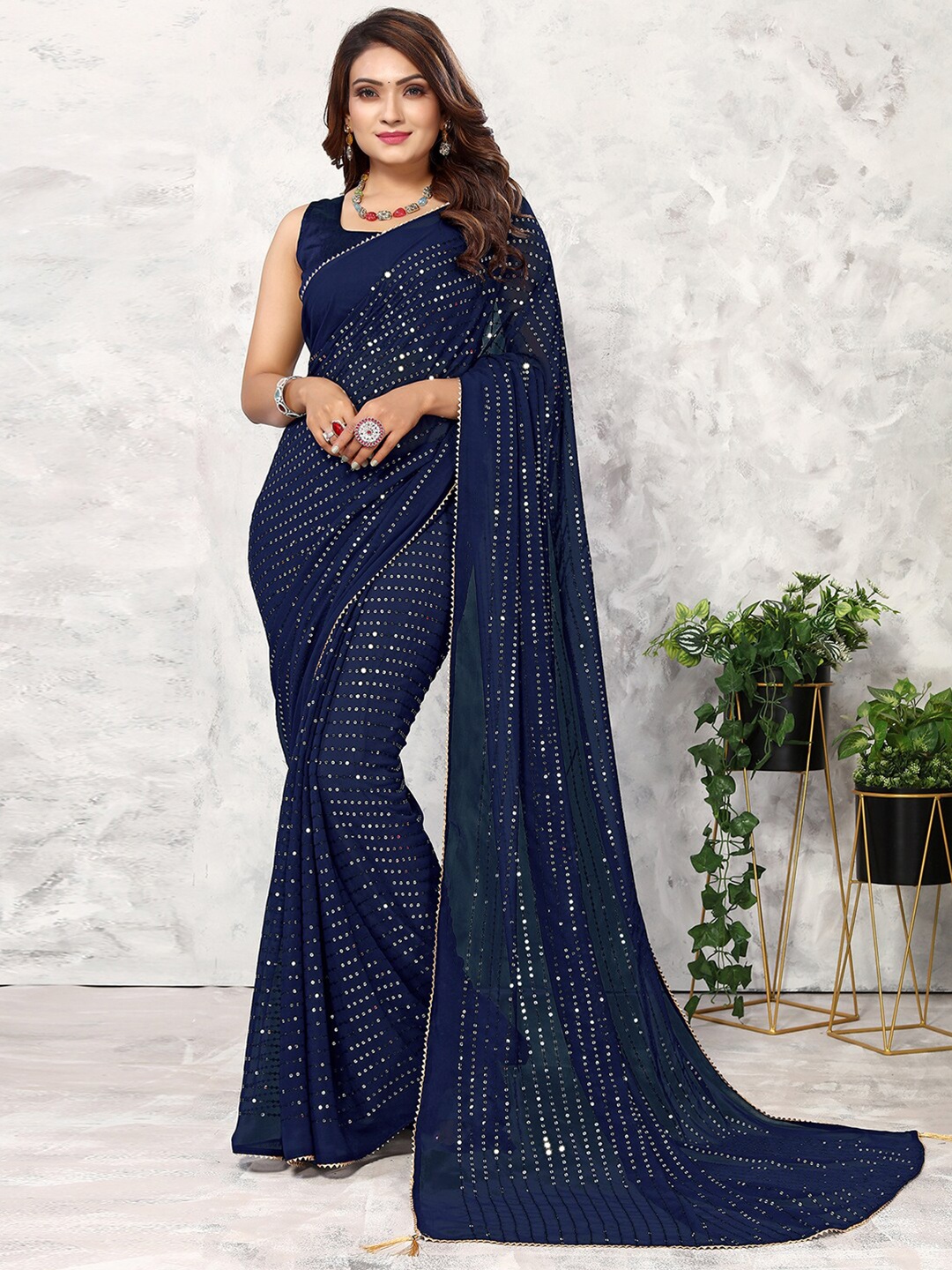 

Satrani Blue Embellished Sequinned Poly Georgette Saree
