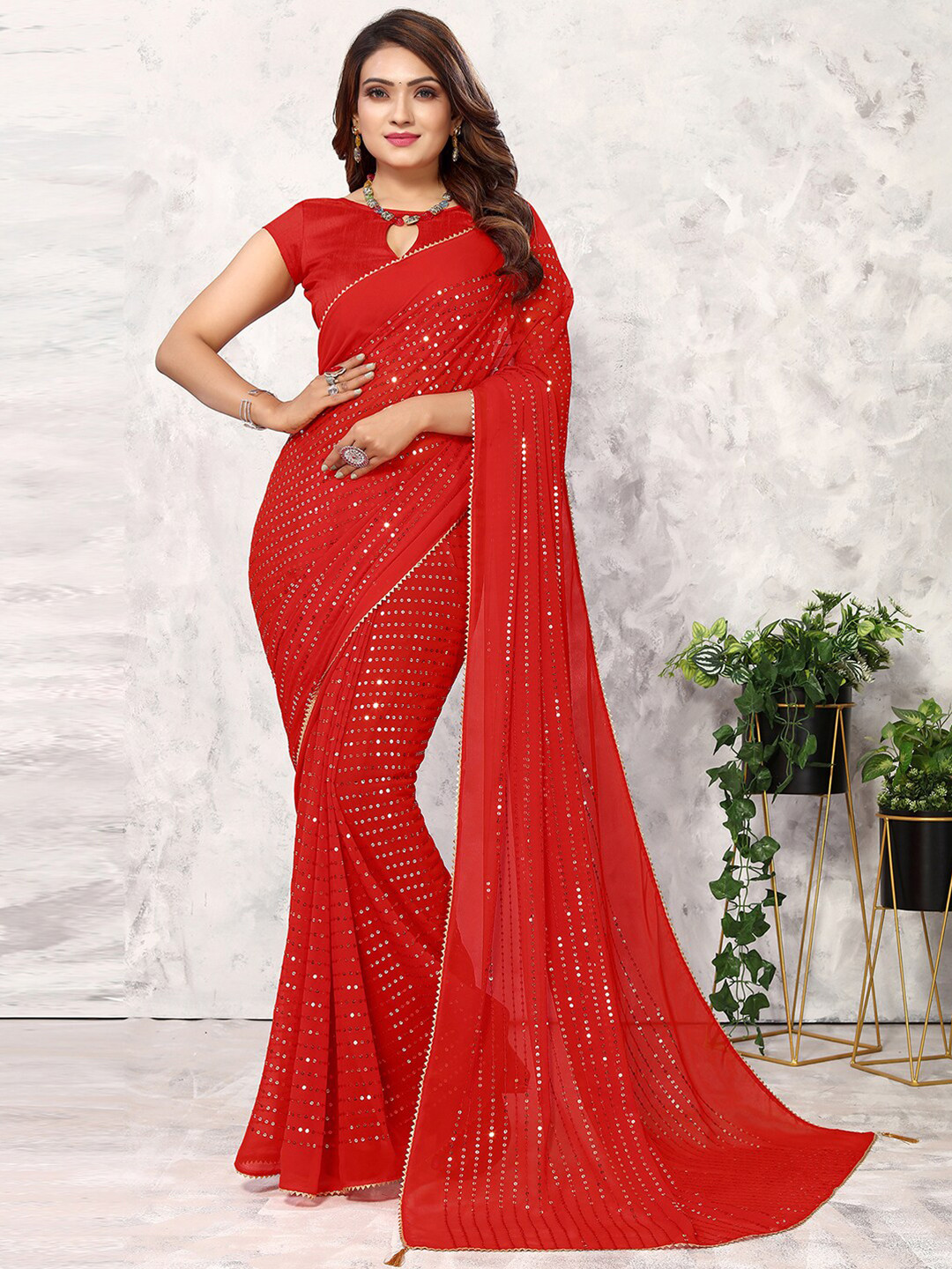 

Satrani Red Embellished Sequinned Poly Georgette Saree