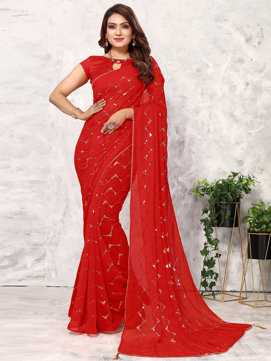 

Satrani Red Embellished Sequinned Poly Georgette Saree