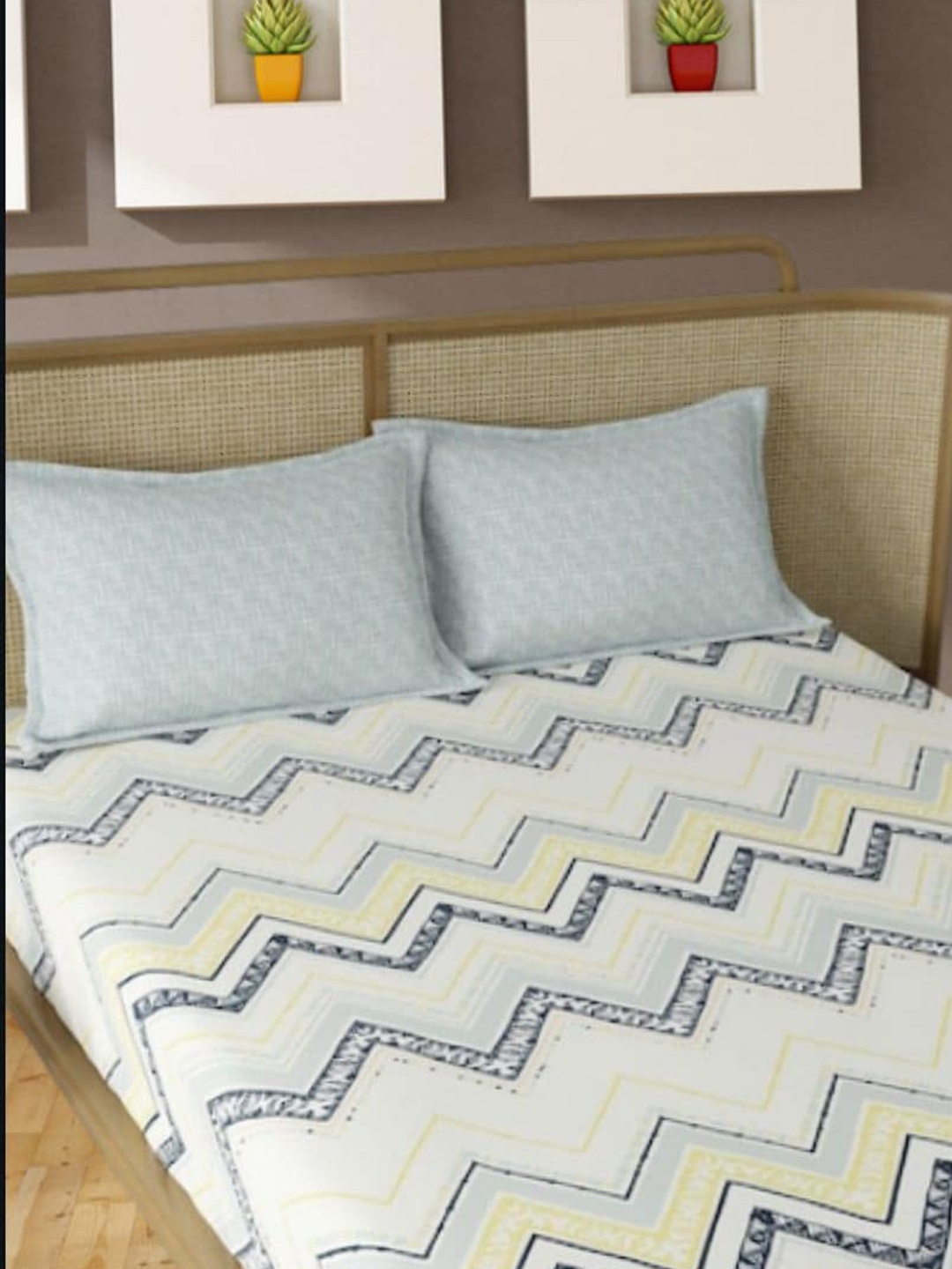 

Bajo's Beige & Blue Geometric Cotton 350 TC King Bedsheet with 2 Pillow Covers