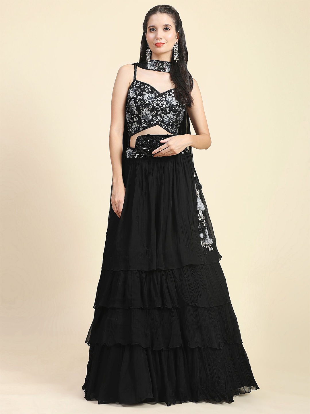 

Phenav Embroidered Sequinned Ready to Wear Lehenga & Blouse With Dupatta, Black