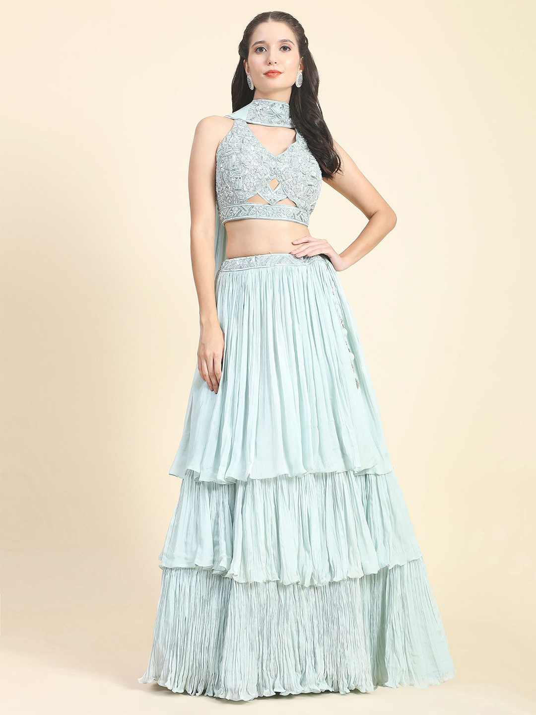 

Phenav Embroidered Beads and Stones Ready to Wear Lehenga & Blouse With Dupatta, Blue