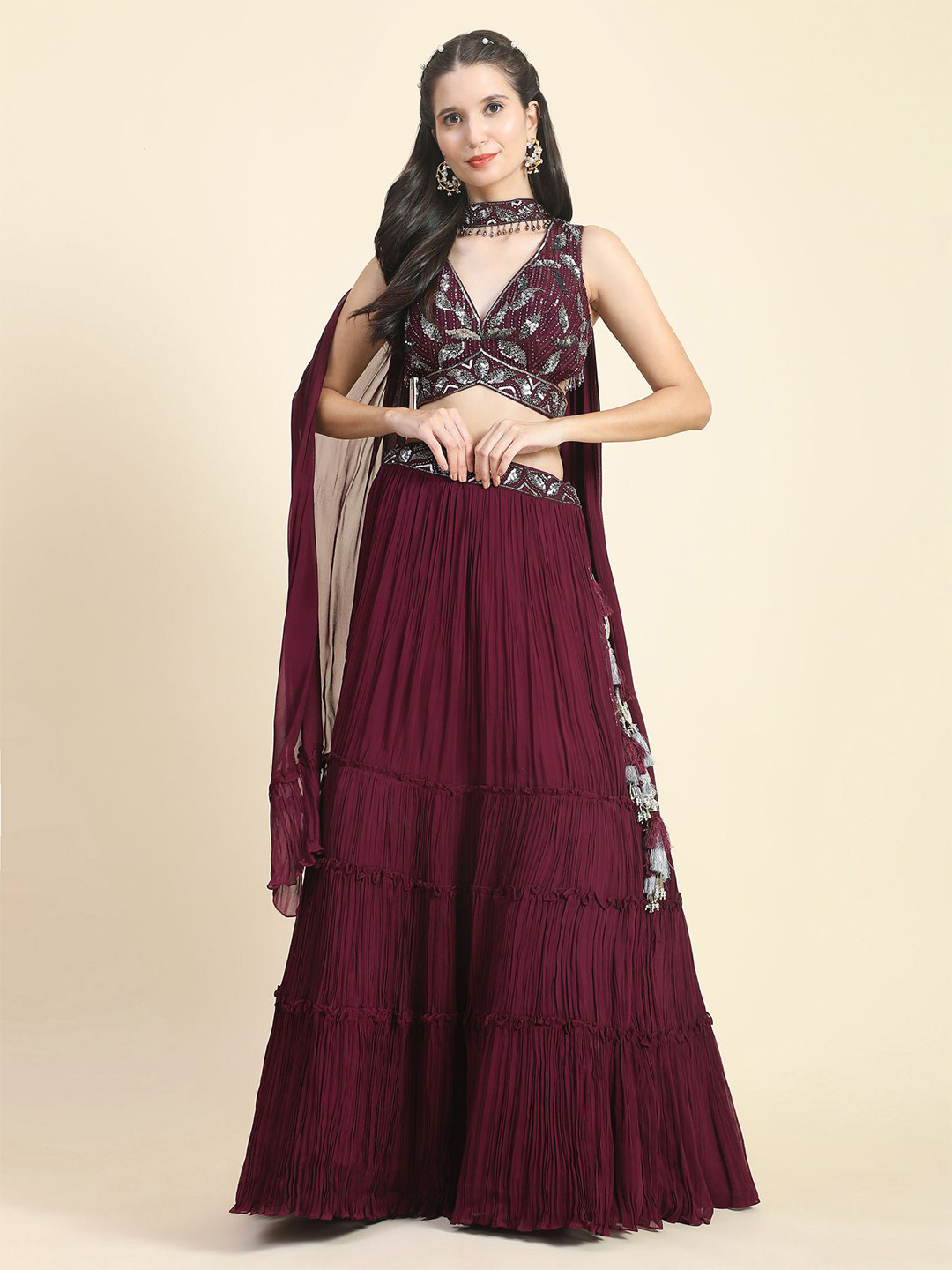

Phenav Embroidered Sequinned Ready to Wear Lehenga & Blouse With Dupatta, Maroon