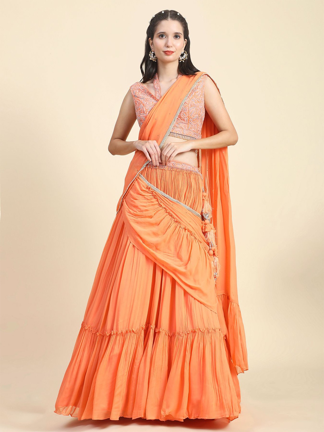 

Phenav Embellished Ready to Wear Lehenga & Blouse With Dupatta, Orange