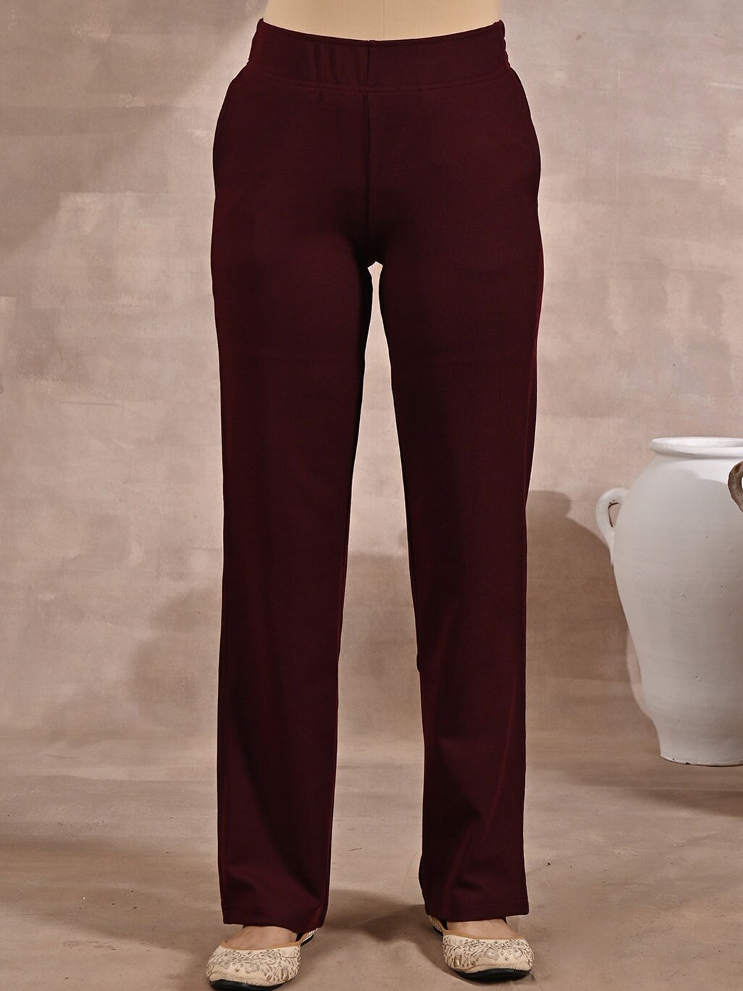 

Lakshita Women Mid-Rise Smart Straight Fit Easy Wash Trousers, Maroon