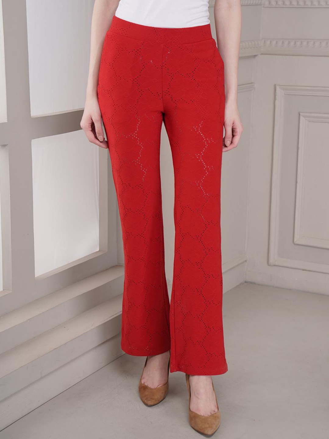 

Lakshita Women Mid-Rise Smart Straight Fit Easy Wash Parallel Trousers, Red