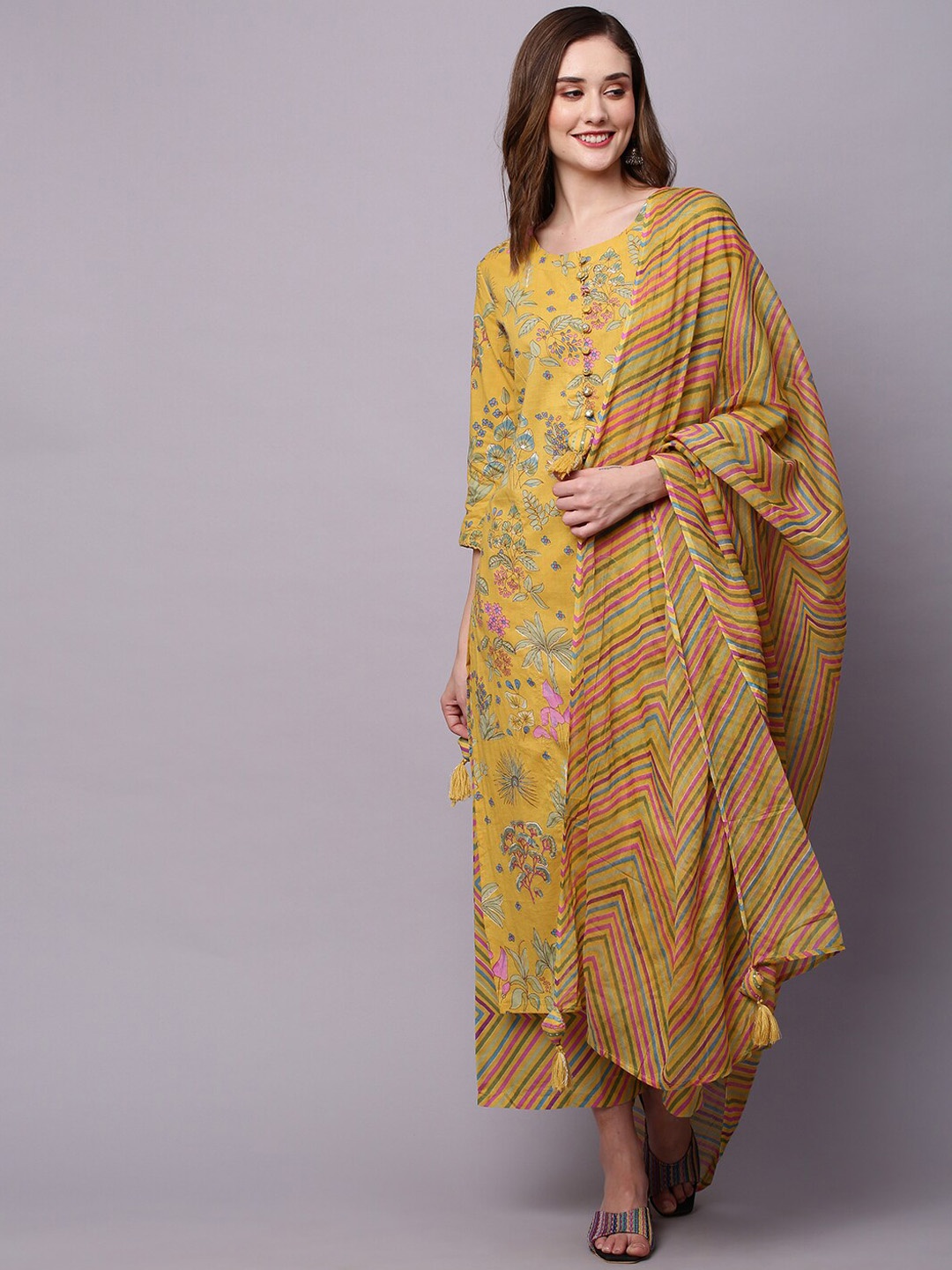 

INDYES Floral Printed Straight Pure Cotton Kurta & Palazzos With Dupatta, Mustard