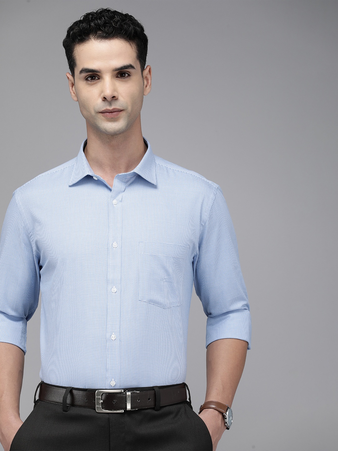 

Park Avenue Pure Cotton Self Design Slim Fit Textured Formal Shirt, Blue