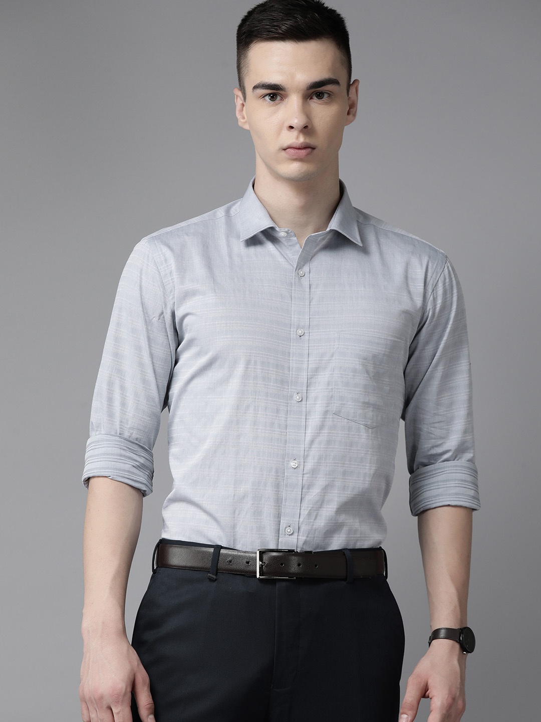 

Park Avenue Men Pure Cotton Slim Fit Striped Formal Shirt, Grey