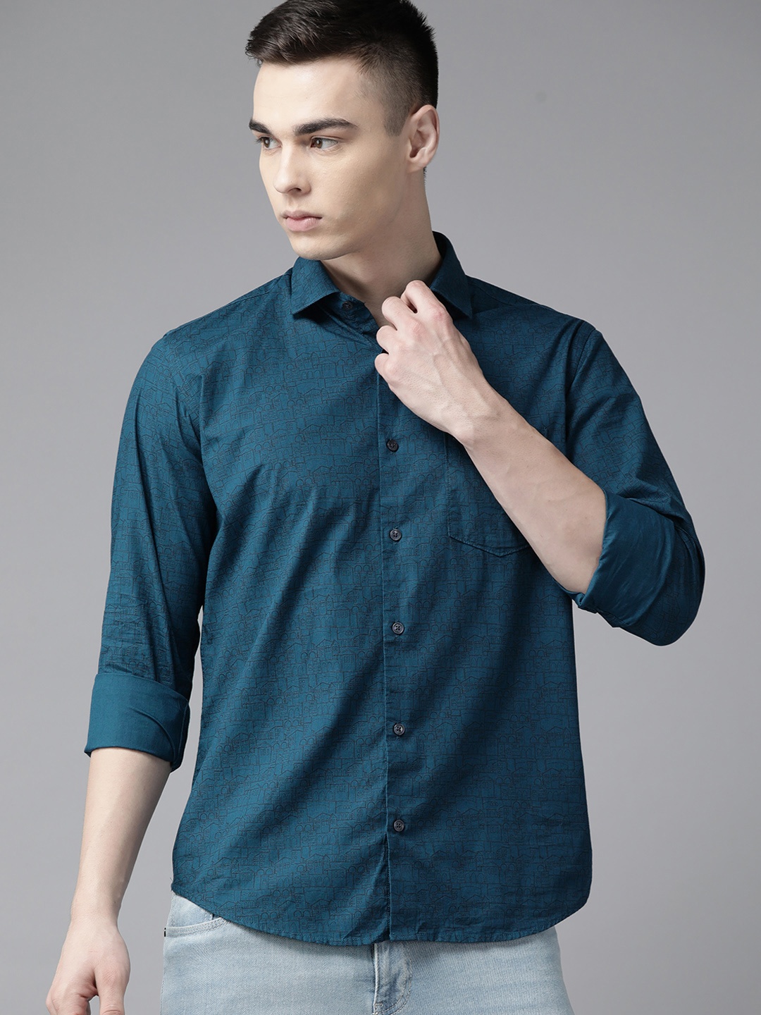 

Park Avenue Men Slim Fit Pure Cotton Printed Casual Shirt, Teal
