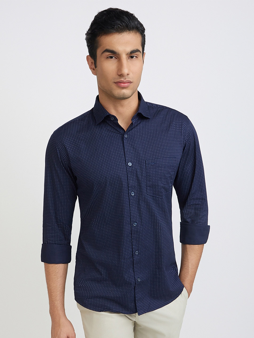 

Park Avenue Men Pure Cotton Slim Fit Printed Casual Shirt, Navy blue