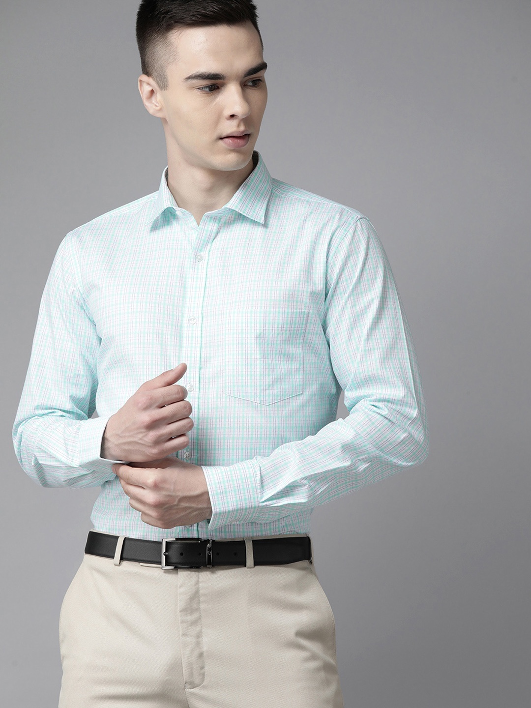 

Park Avenue Pure Cotton Slim Fit Checked Formal Shirt, Sea green