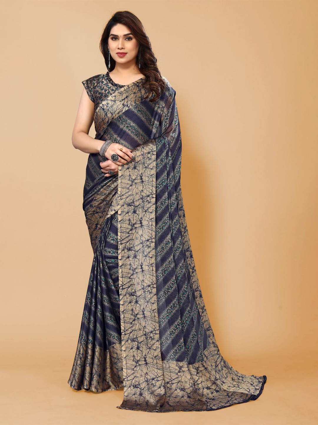 

FABMORA Ethnic Motifs Zari Saree, Navy blue