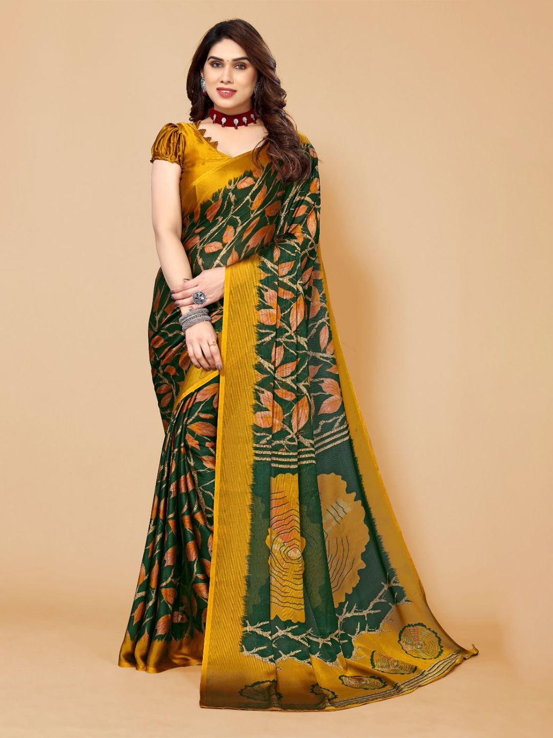 

FABMORA Floral Printed Saree, Green