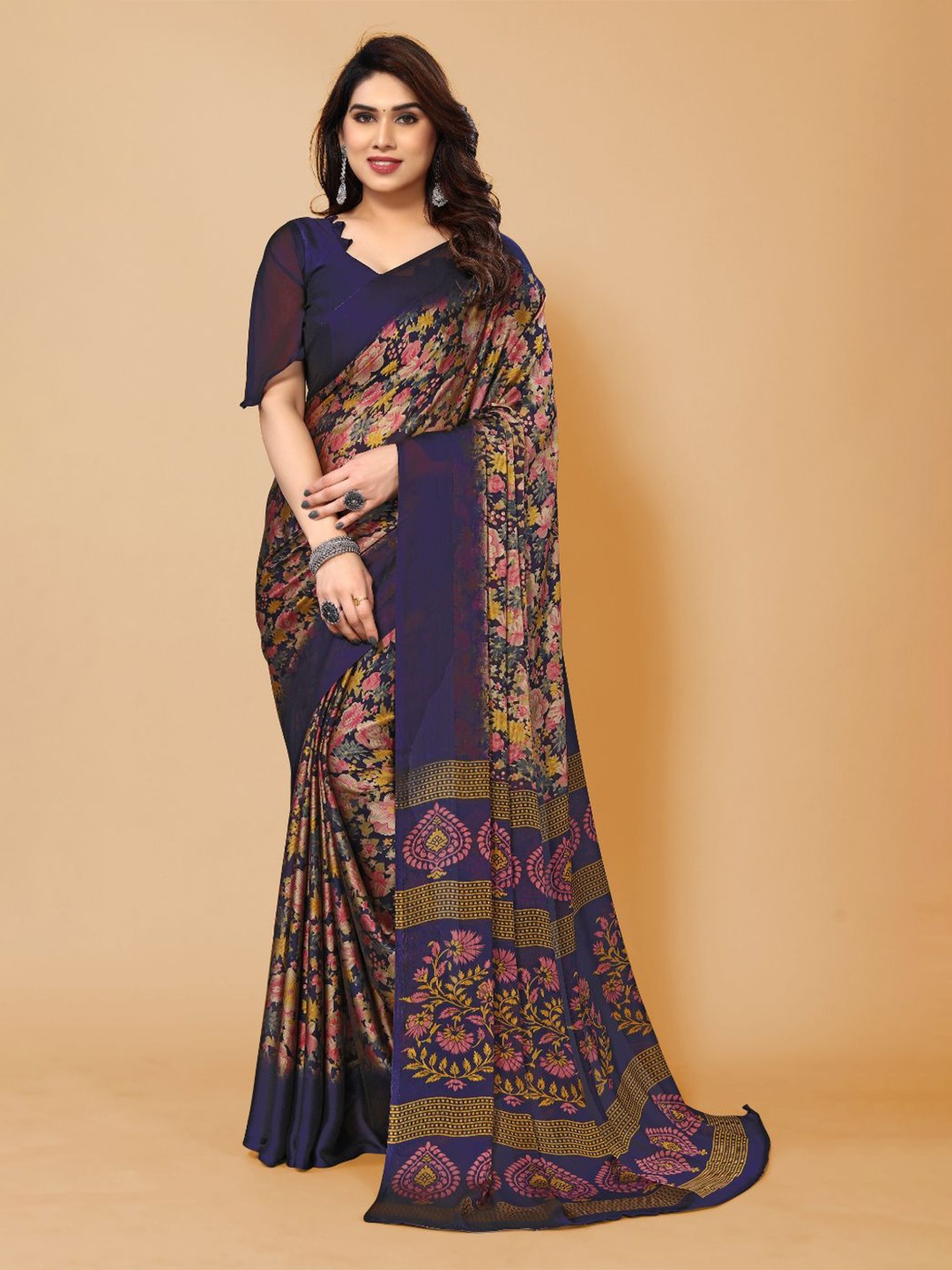 

FABMORA Floral Printed Saree, Navy blue