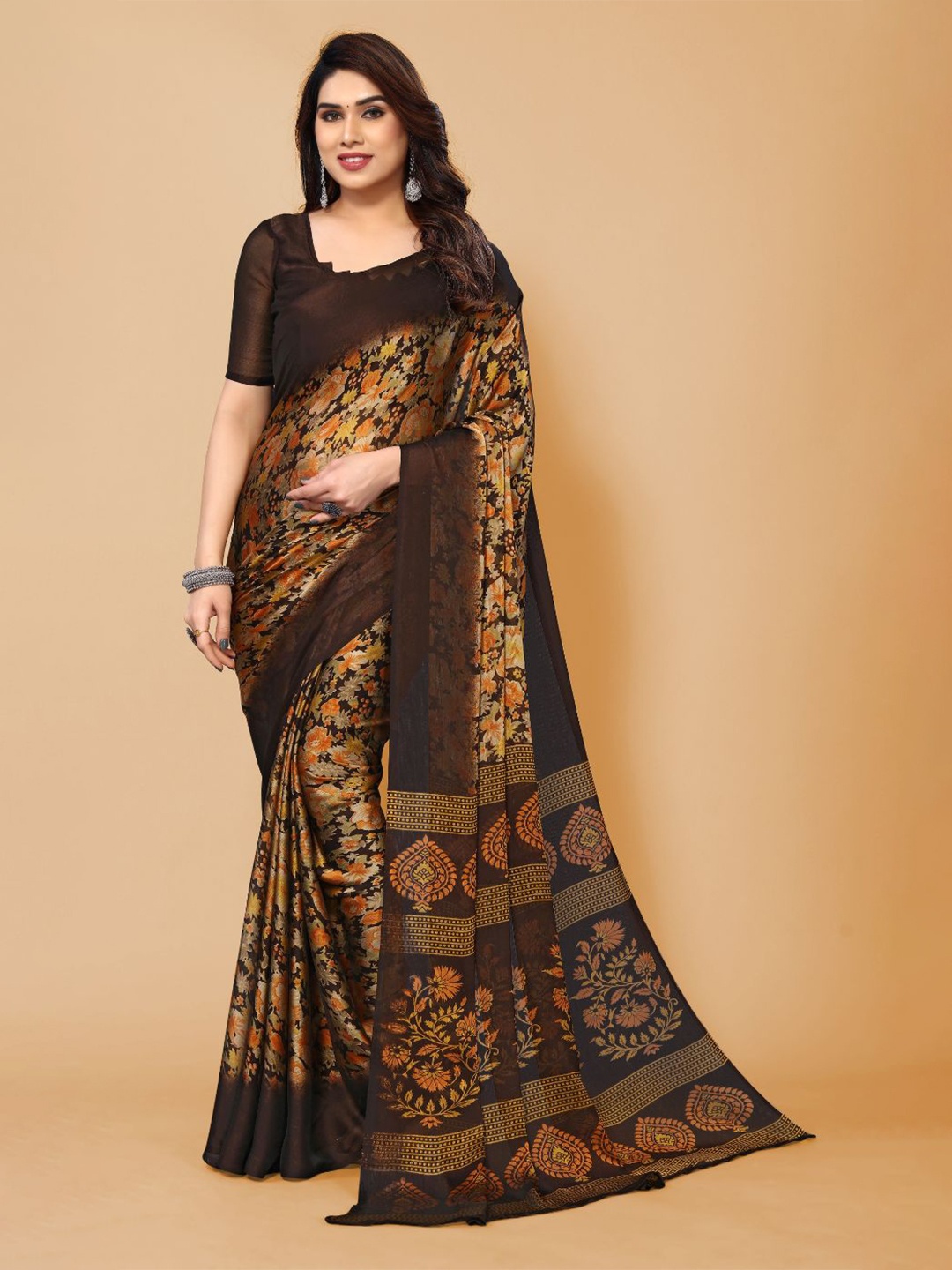 

FABMORA Ethnic Motifs Saree, Brown