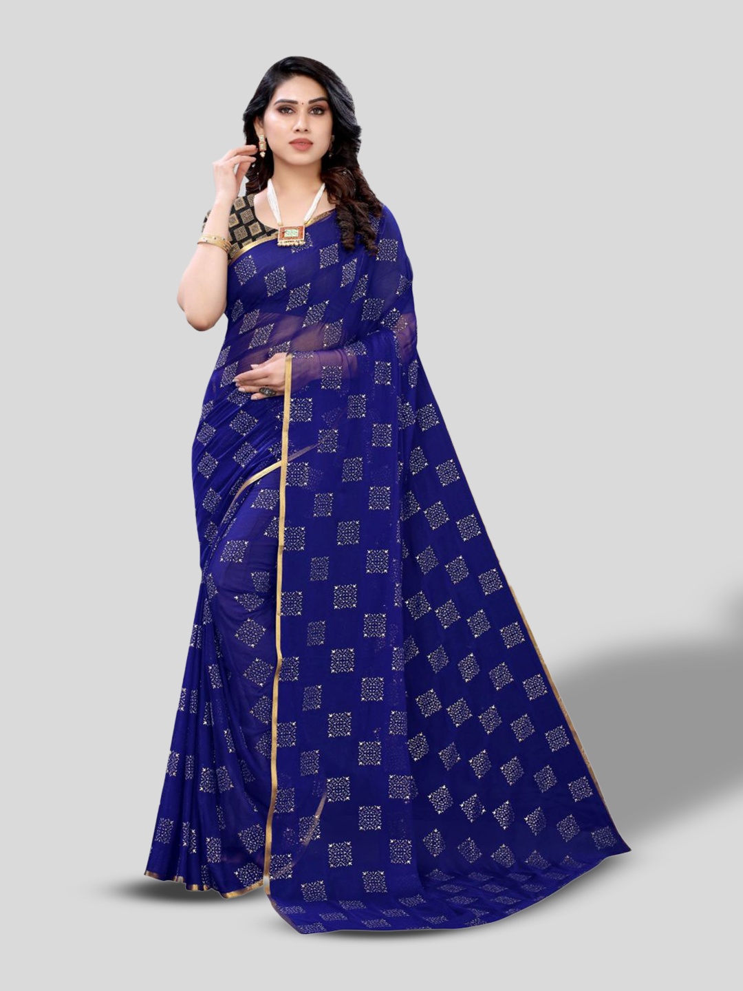 

FABMORA Ethnic Motifs Saree, Navy blue