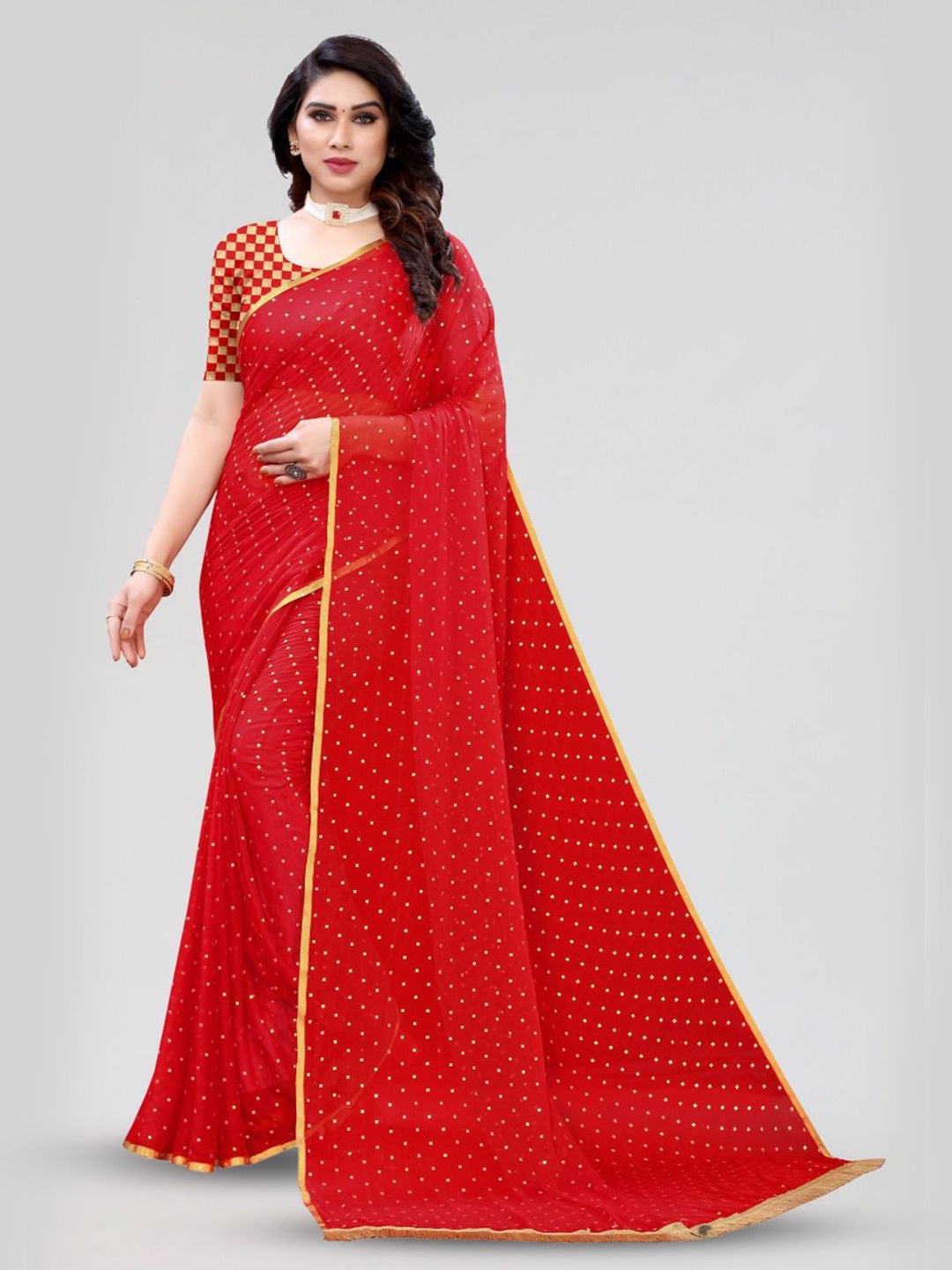 

FABMORA Embellished Zari Saree, Red