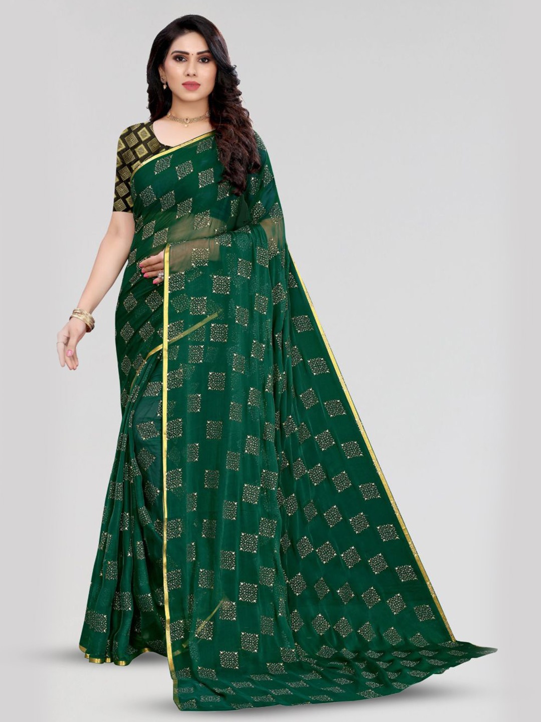 

FABMORA Ethnic Motifs Zari Saree, Green