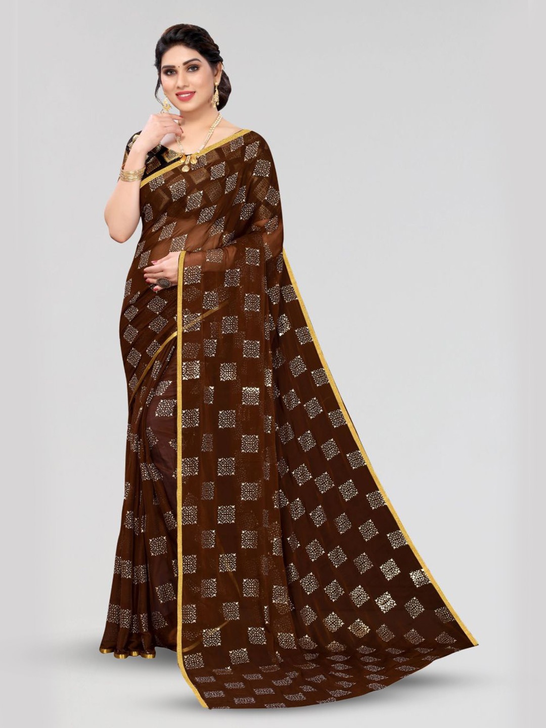 

FABMORA Ethnic Motifs Printed Zari Saree, Brown