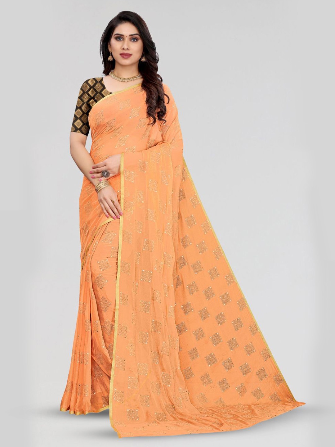 

FABMORA Ethnic Motifs Zari Saree, Peach