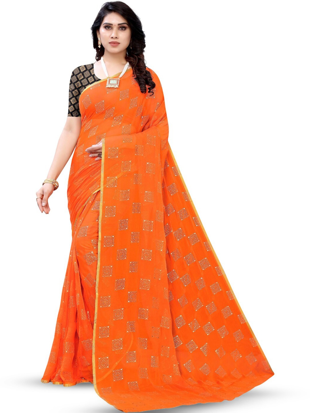 

FABMORA Geometric Zari Saree, Orange