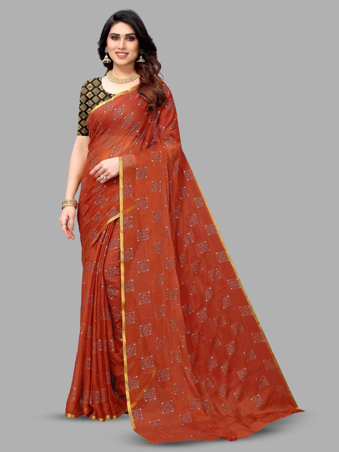 

FABMORA Ethnic Motif Printed Zari Saree, Rust