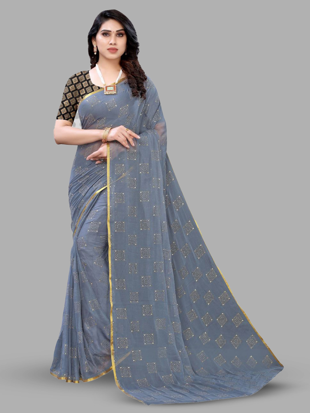 

FABMORA Geometric Printed Zari Saree, Grey