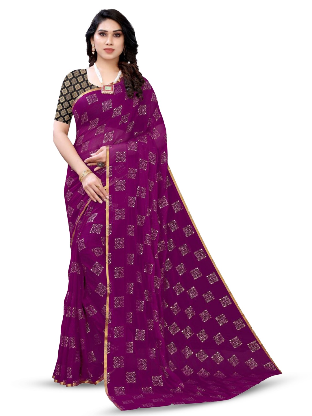 

FABMORA Geometric Zari Saree, Burgundy