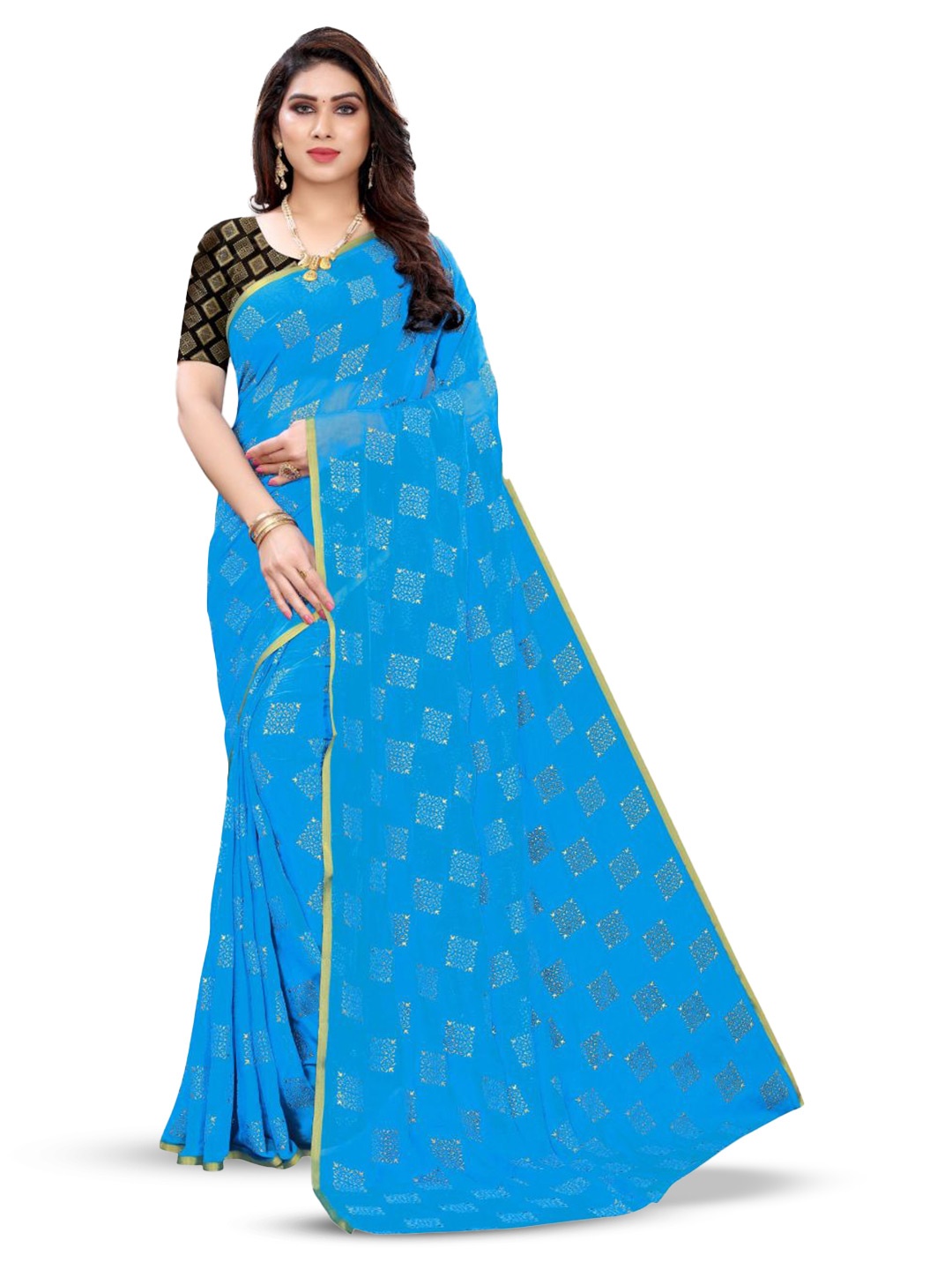 

FABMORA Geometric Printed Zari Saree, Blue