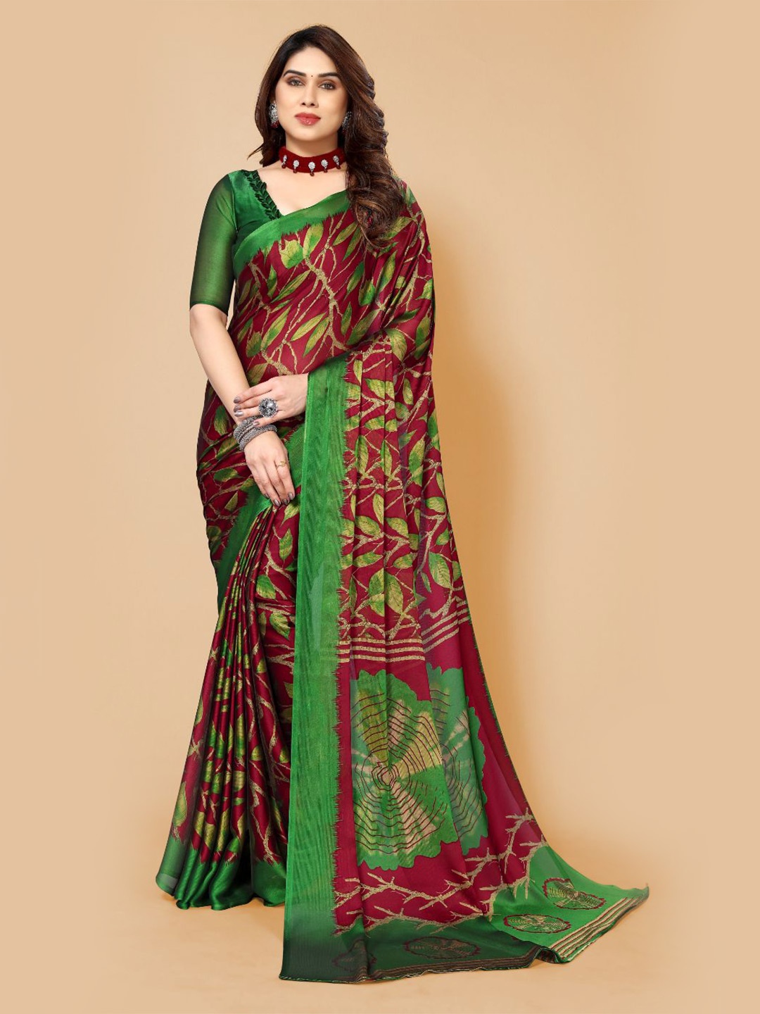 

FABMORA Floral Printed Saree, Red