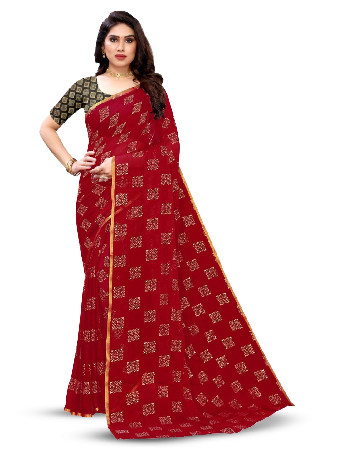 

FABMORA Geometric Printed Zari Saree, Maroon