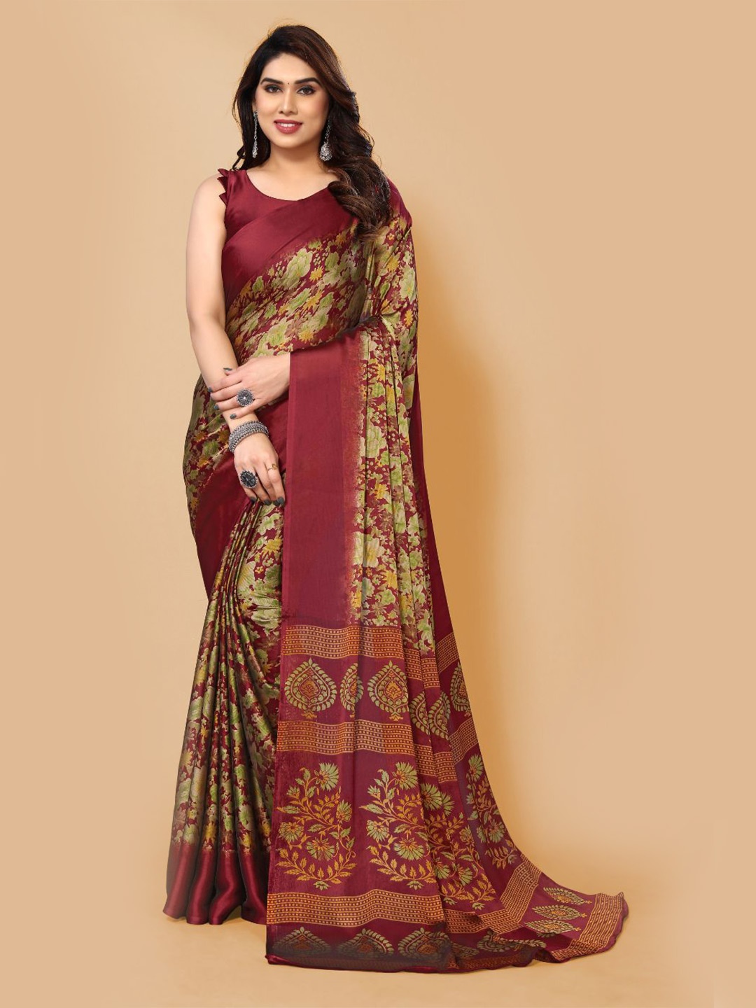 

FABMORA Floral Printed Saree, Maroon