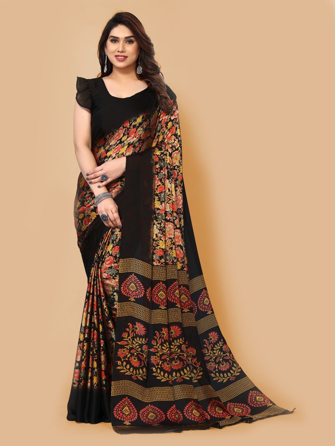 

FABMORA Floral Printed Saree, Black