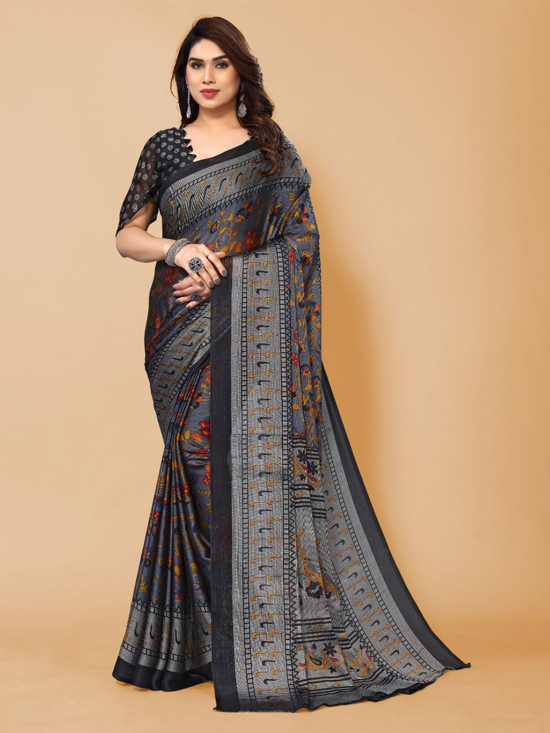 

FABMORA Floral Printed Saree, Grey