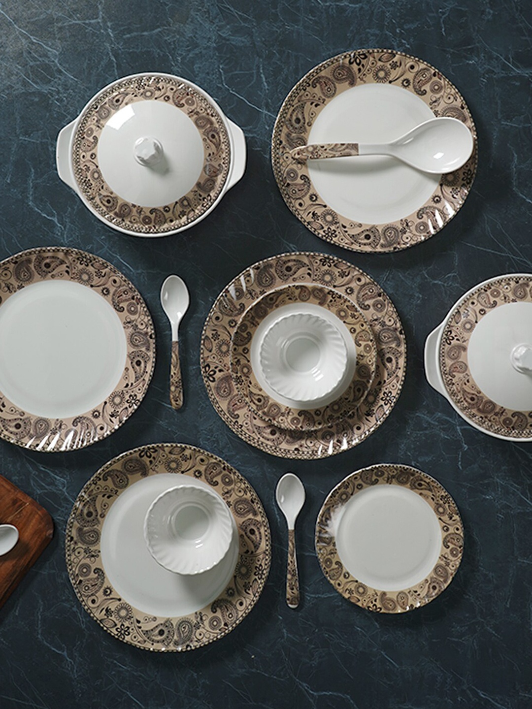

CDI White & Beige 39 Pieces Ethnic Motifs Printed Melamine Glossy Dinner Set