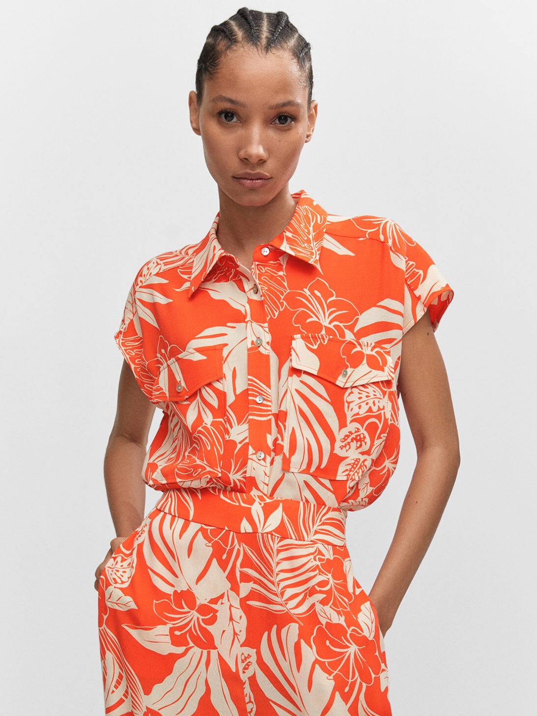 

MANGO Oversized Tropical Printed Flowy Shirt, Orange