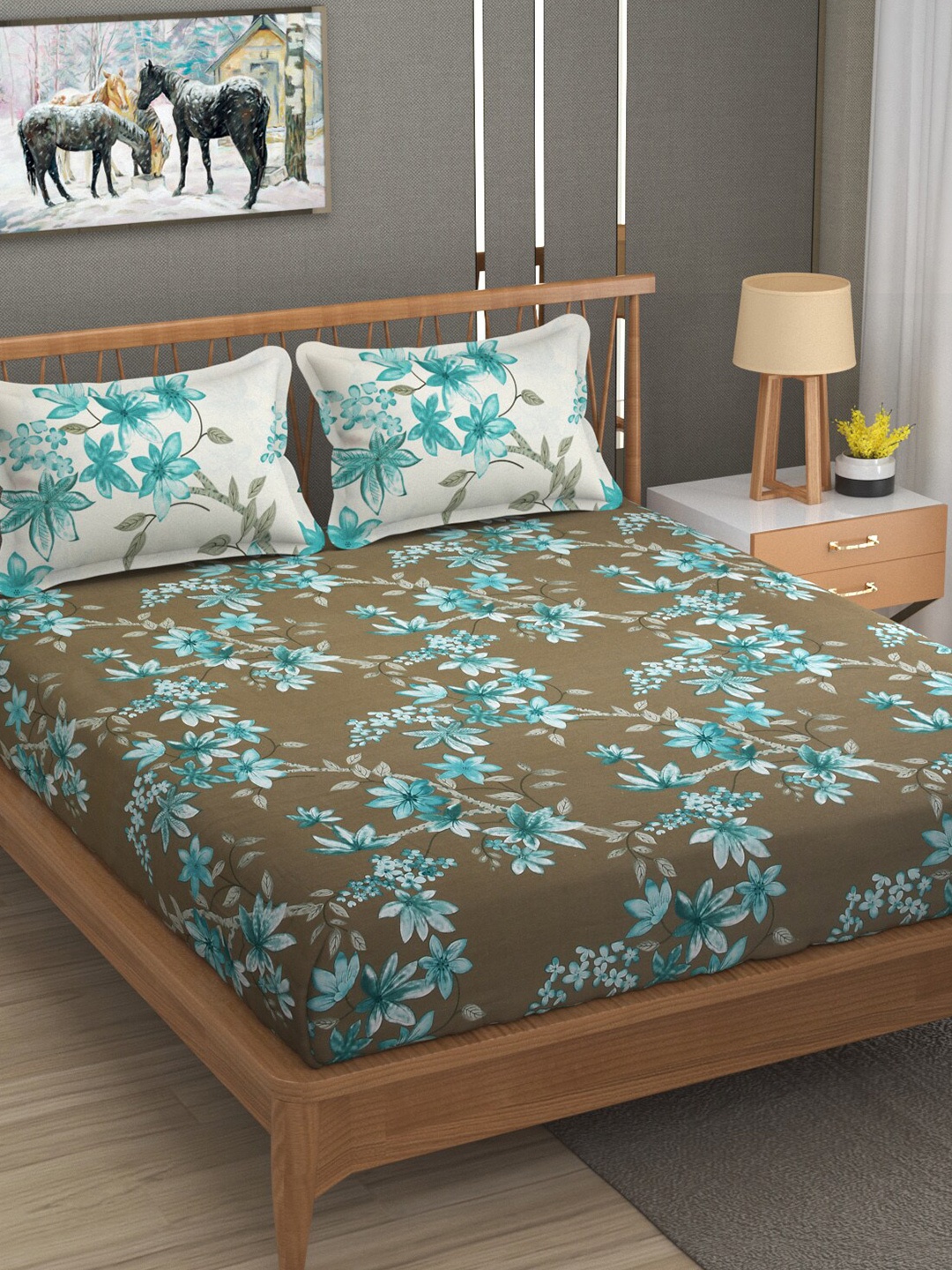 

MAFATLAL Brown & Green Floral 120 TC Cotton Queen Bedsheet With 2 Pillow Covers