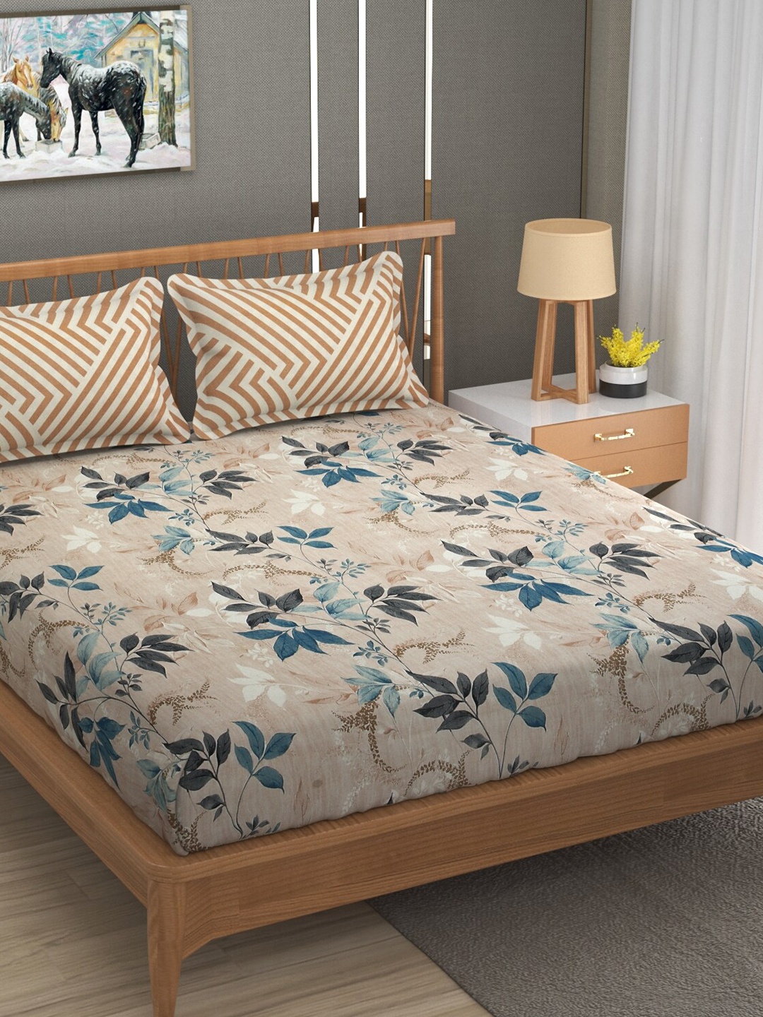 

MAFATLAL Beige & Blue Floral Cotton 120 TC Queen Bedsheet with 2 Pillow Covers