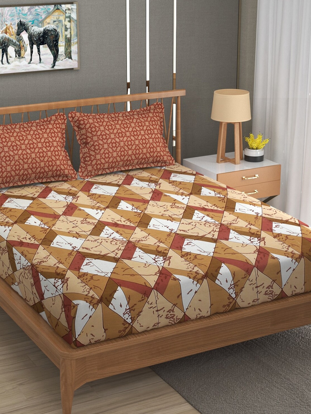 

MAFATLAL Brown & White Geometric 120 TC Cotton Queen Bedsheet With 2 Pillow Covers