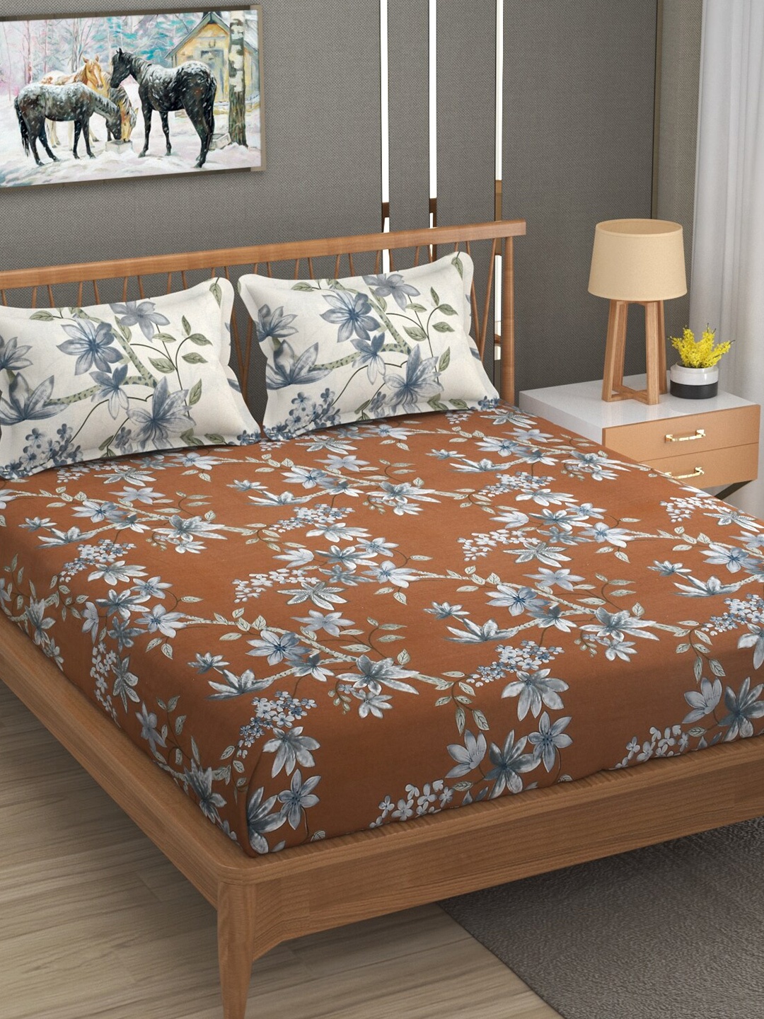 

MAFATLAL Brown & White Floral Cotton 120 TC Queen Bedsheet With 2 Pillow Covers