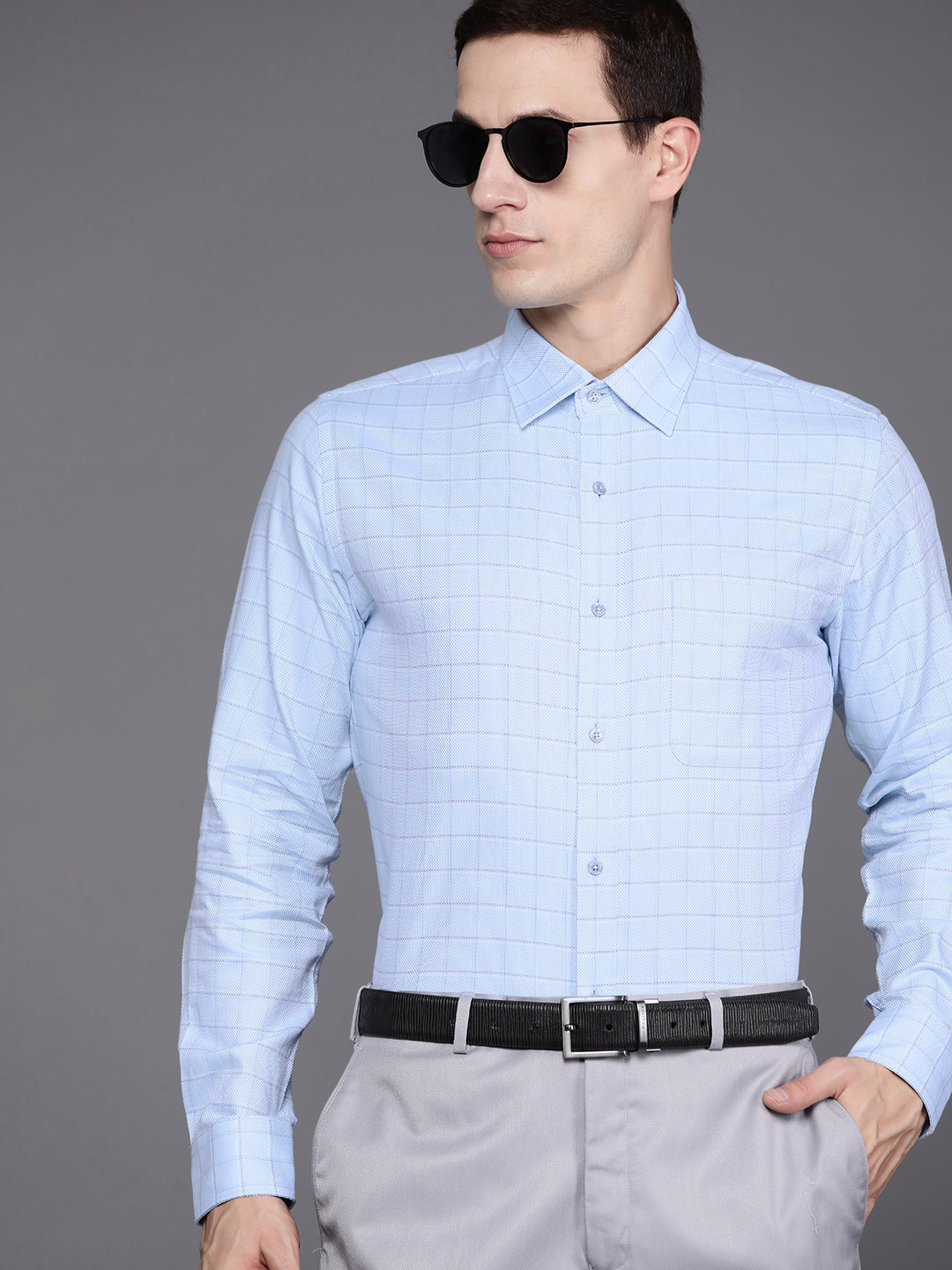 

Raymond Pure Cotton Slim Fit Checked Formal Shirt, Blue