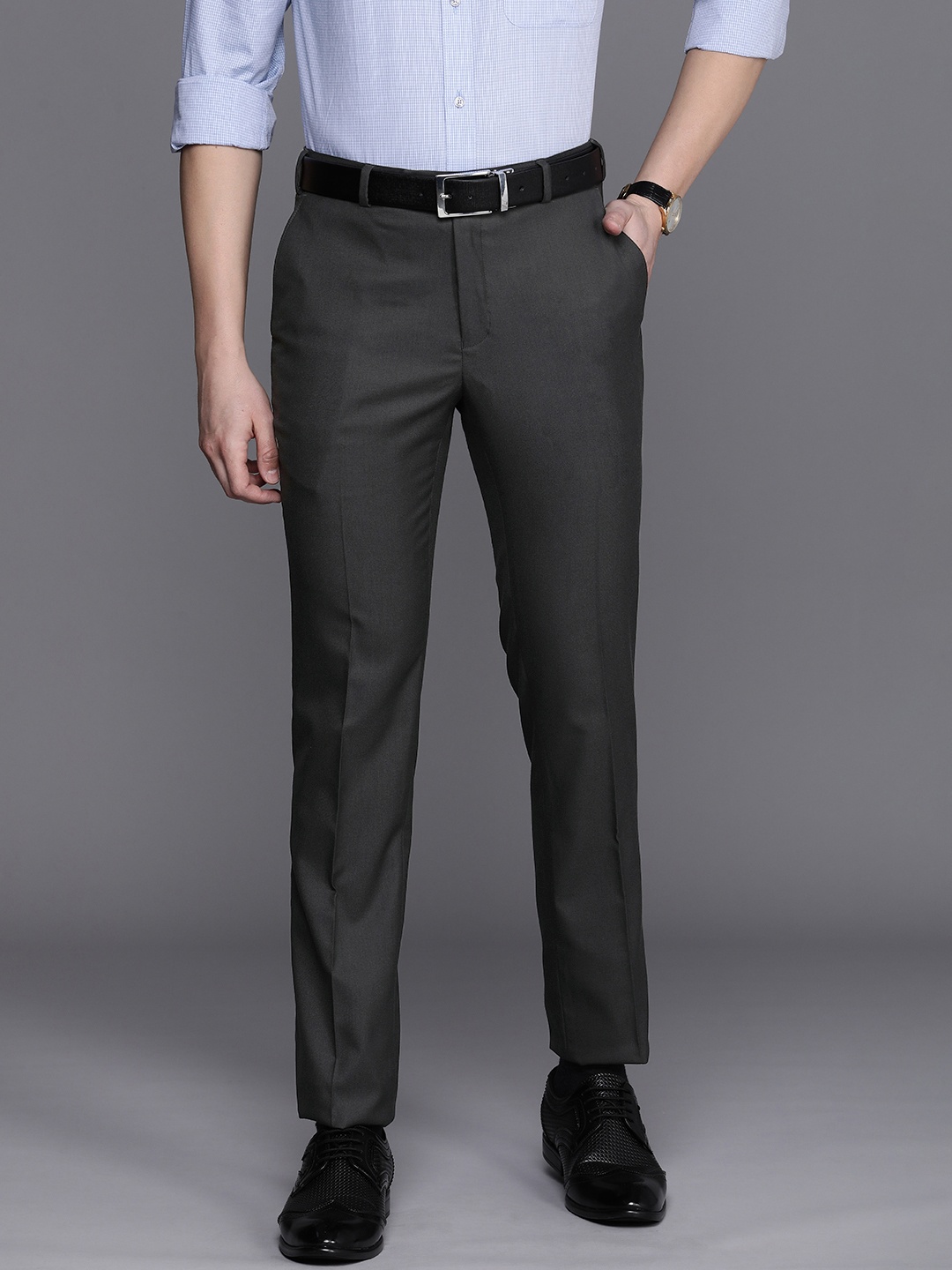 

Raymond Men Solid Slim Fit Formal Trousers, Grey
