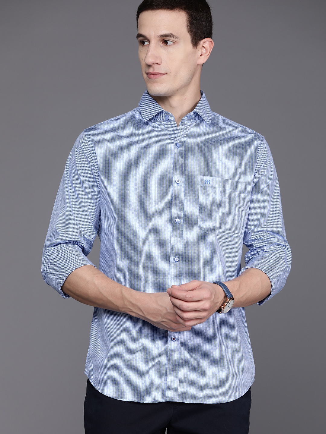

Raymond Men Pure Cotton Slim Fit Micro Checked Casual Shirt, Blue