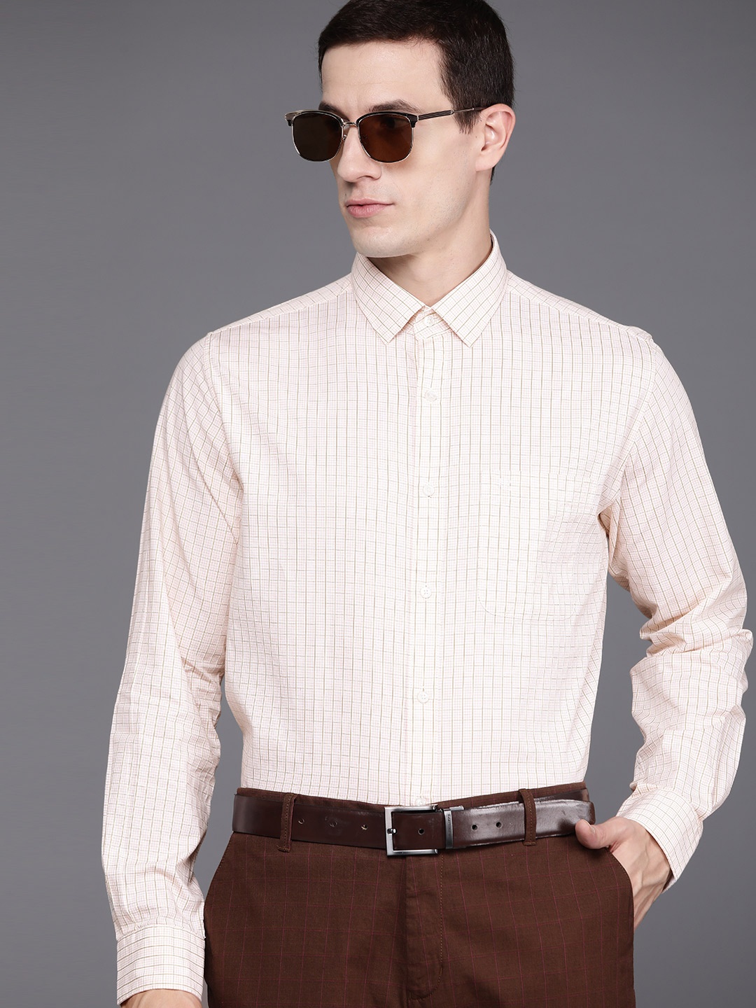 

Raymond Men Slim Fit Grid Tattersall Checks Pure Cotton Formal Shirt, Yellow