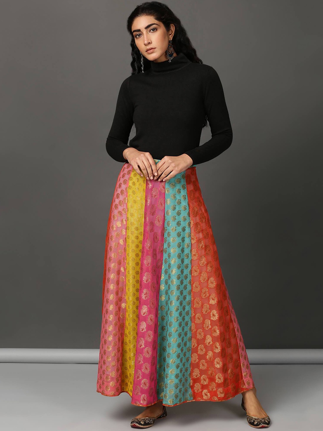 

NUHH Ethnic Motif Woven Design Flared Maxi Skirts, Pink
