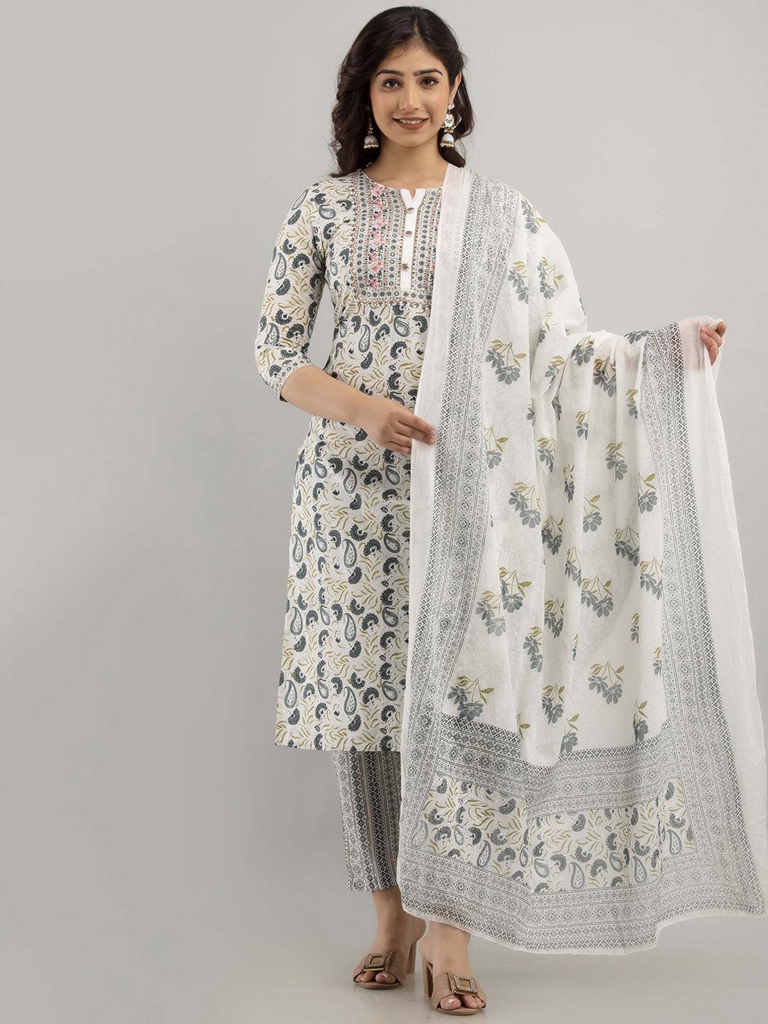 

FASHION DEPTH Grey Ethnic Motifs Printed Pure Cotton Kurta with Trousers & With