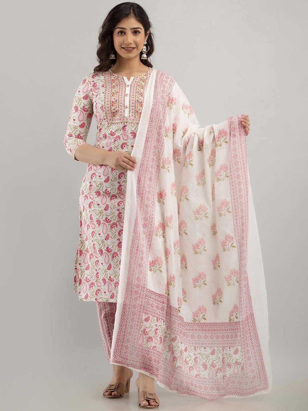 

FASHION DEPTH Pink Ethnic Motifs Printed Pure Cotton Kurta with Trousers & With