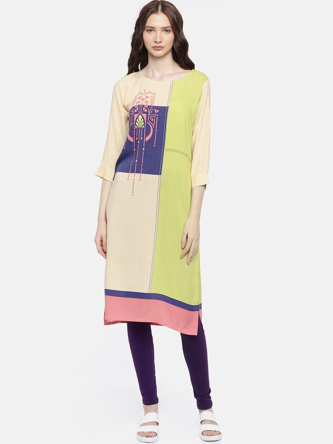 

Span Colourblocked Raw Silk Straight Kurta, Cream