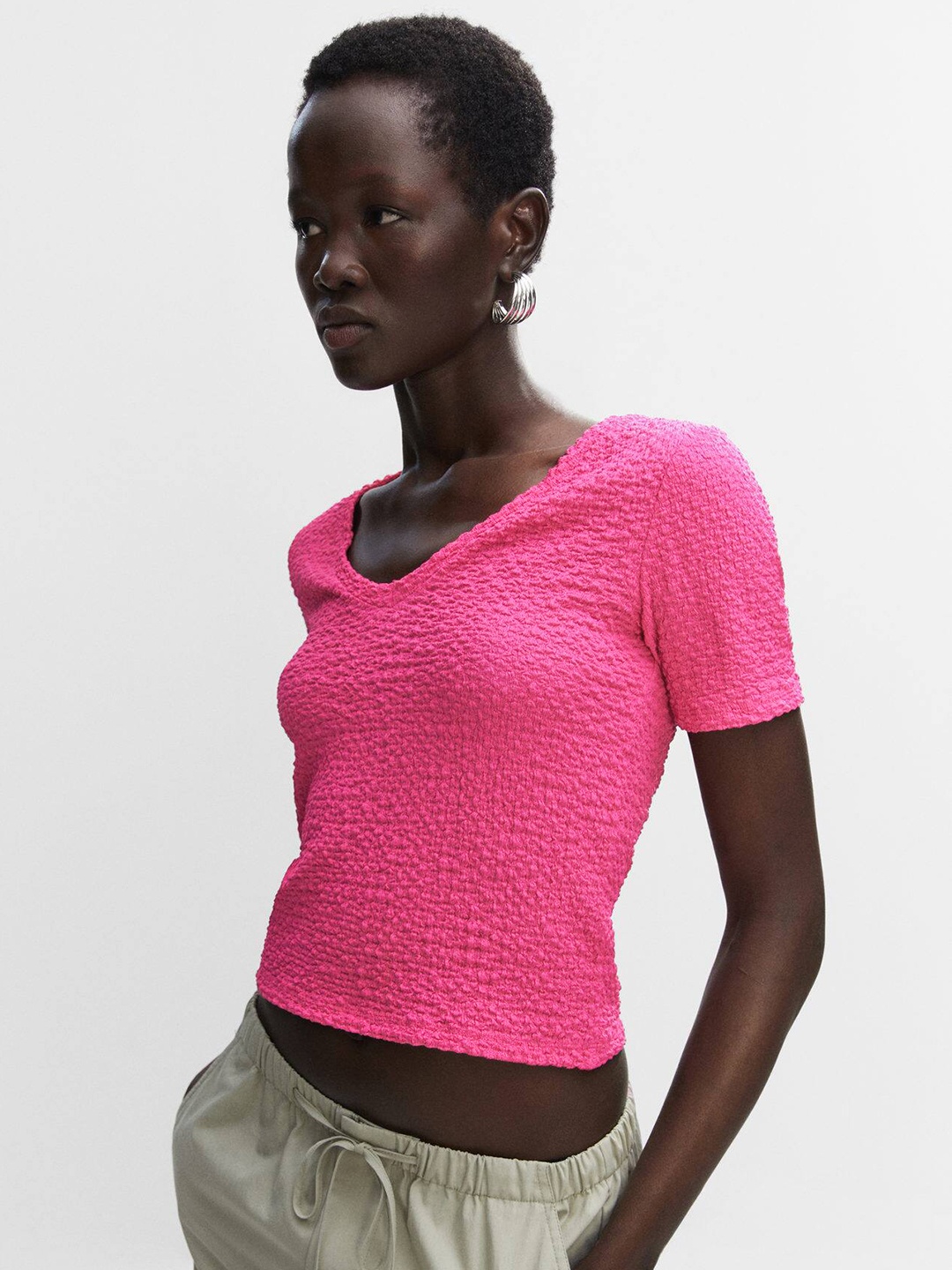 

MANGO Textured V-Neck Crop Top, Pink